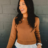 Lace Detail Ribbed Sweater Top - Mocha
