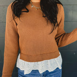 Lace Detail Ribbed Sweater Top - Mocha