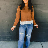 Lace Detail Ribbed Sweater Top - Mocha