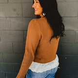 Lace Detail Ribbed Sweater Top - Mocha