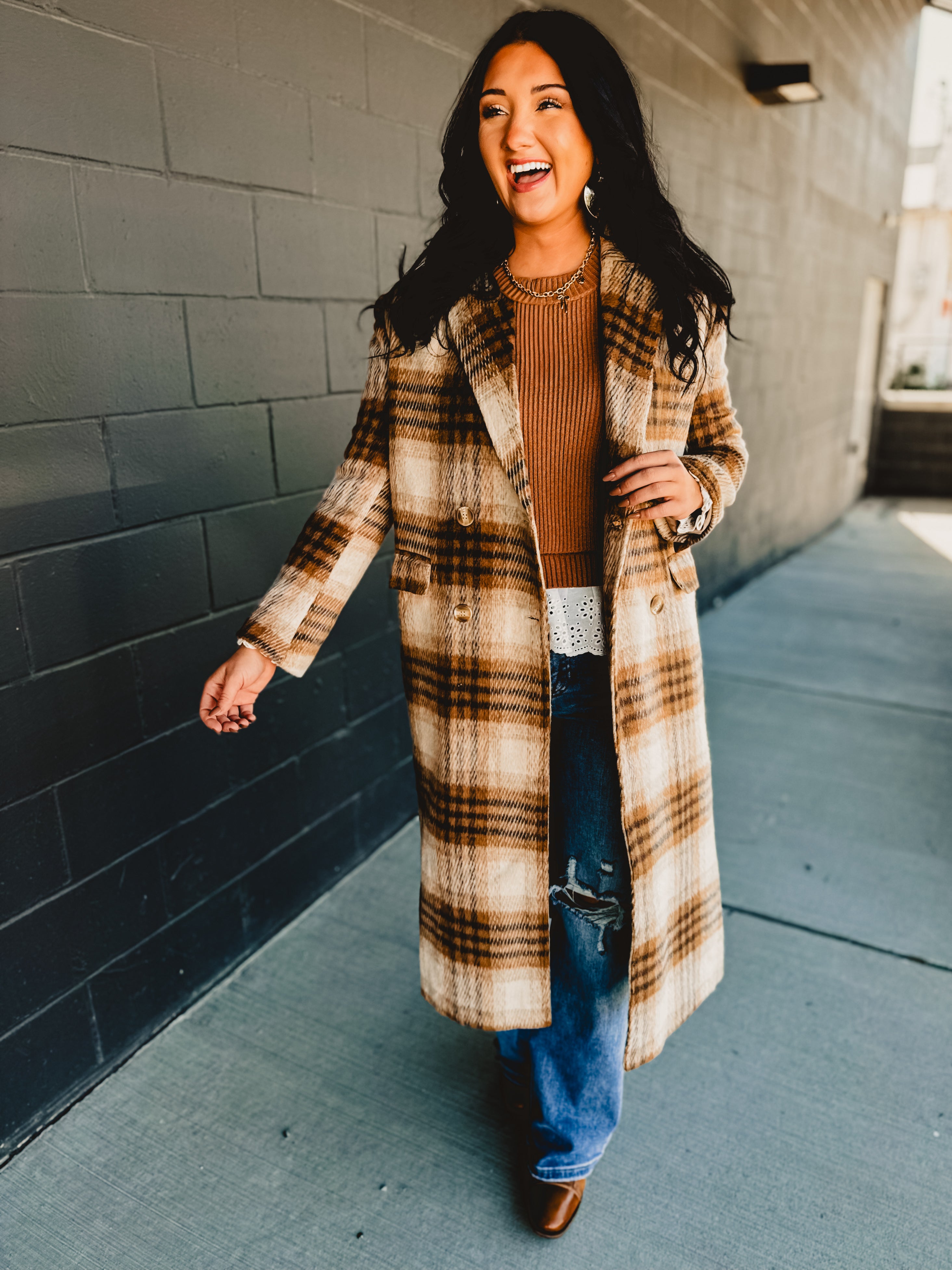 The Ribbed Sweater Plaid Coat Outfit image
