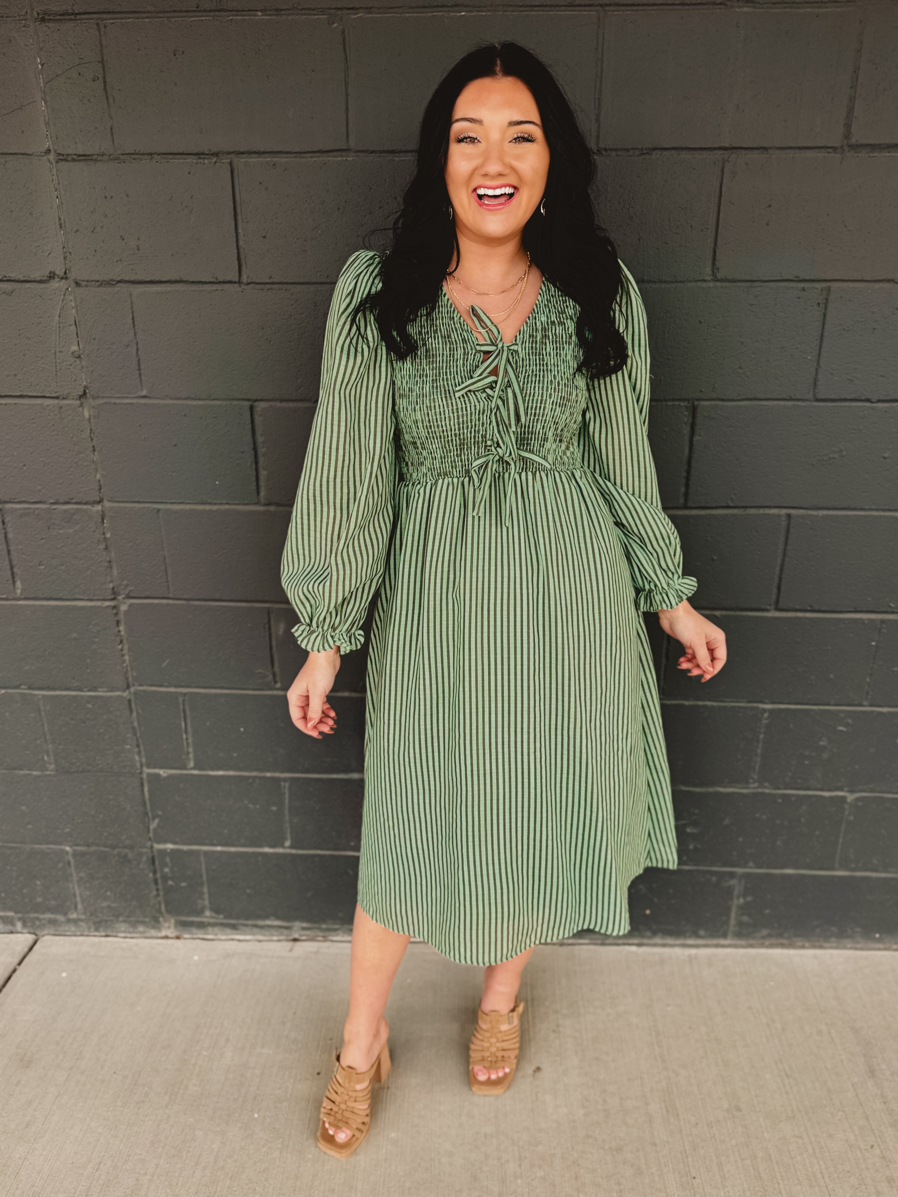 Striped Smocking Bow Midi Dress - Sage Haze Large Striped Smocking Bow Midi Dress - Sage Haze Large