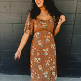 Floral Sweetheart Lace Midi Dress - Sepia