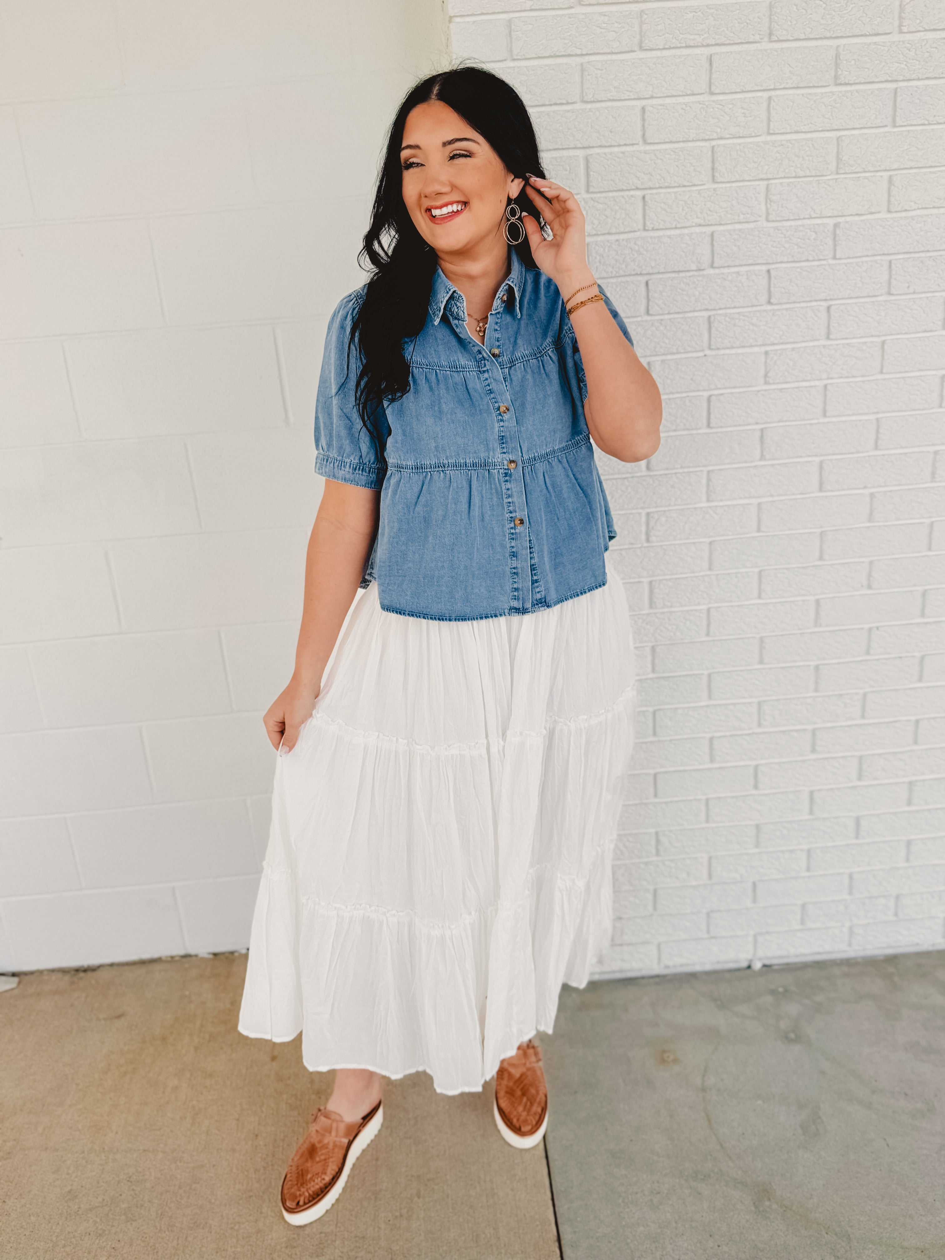 Crinkle Tiered Midi Skirt- White - Lace and Grace Boutique