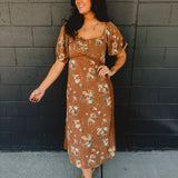 Floral Sweetheart Lace Midi Dress - Sepia