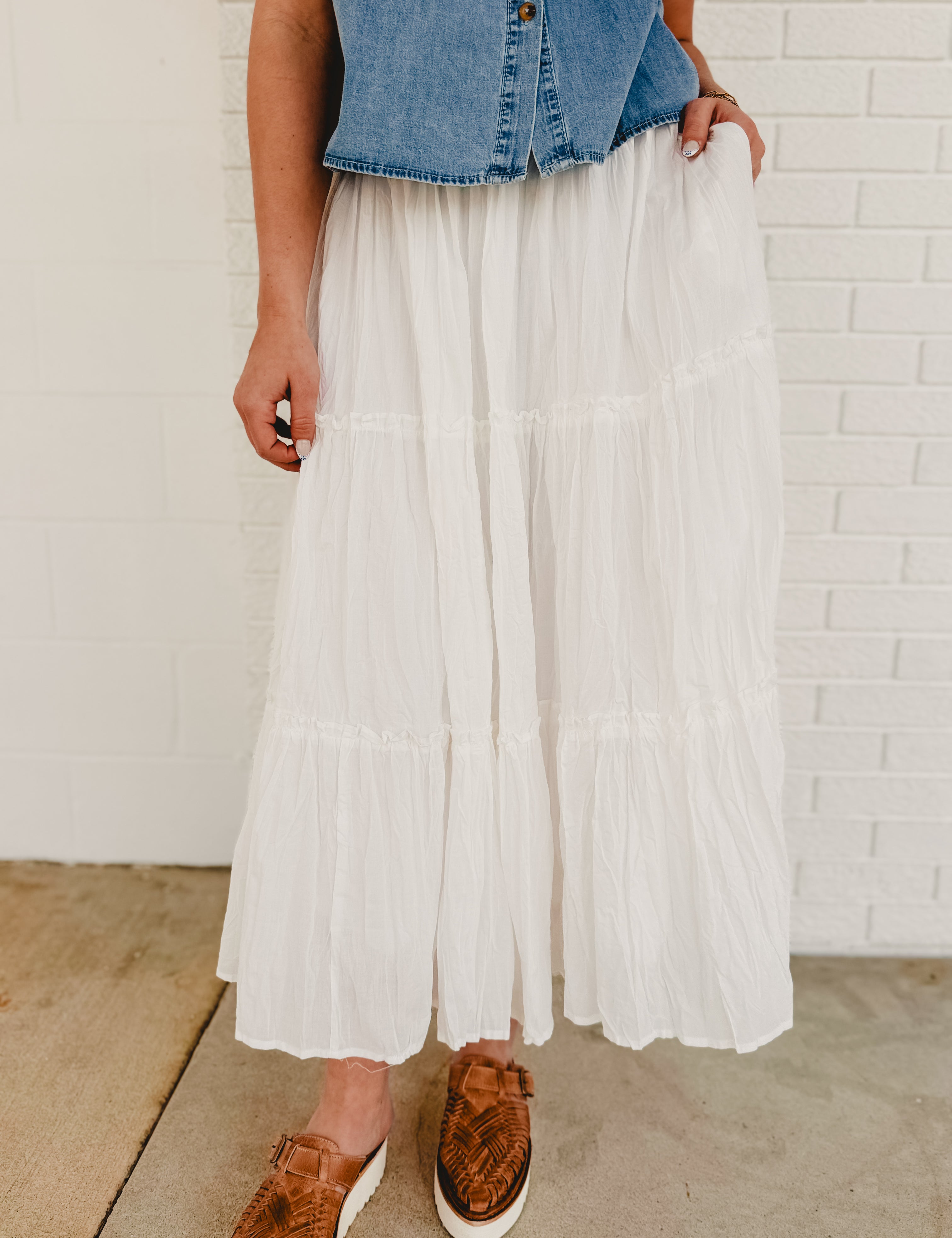 Crinkle Tiered Midi Skirt- White - Lace and Grace Boutique