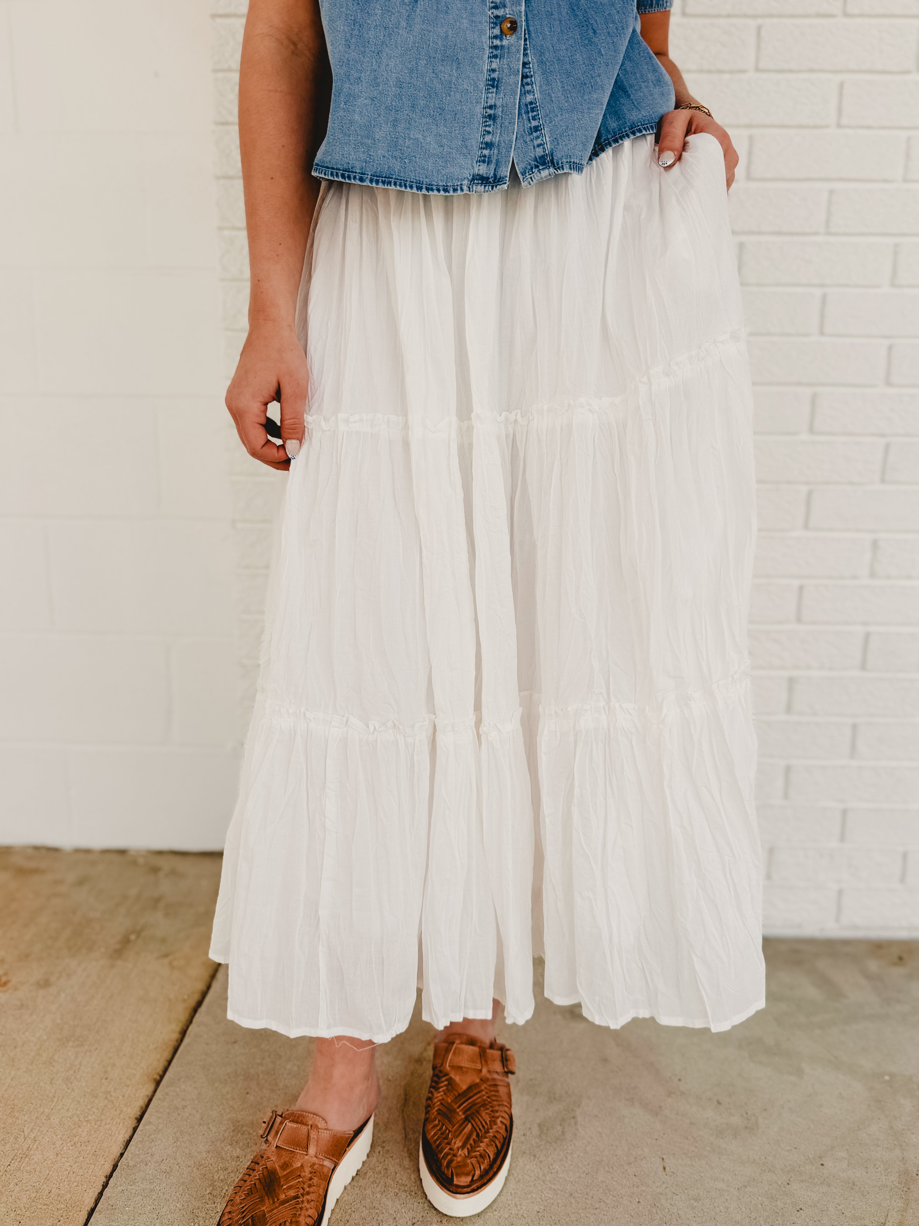 Crinkle Tiered Midi Skirt- White - Lace and Grace Boutique