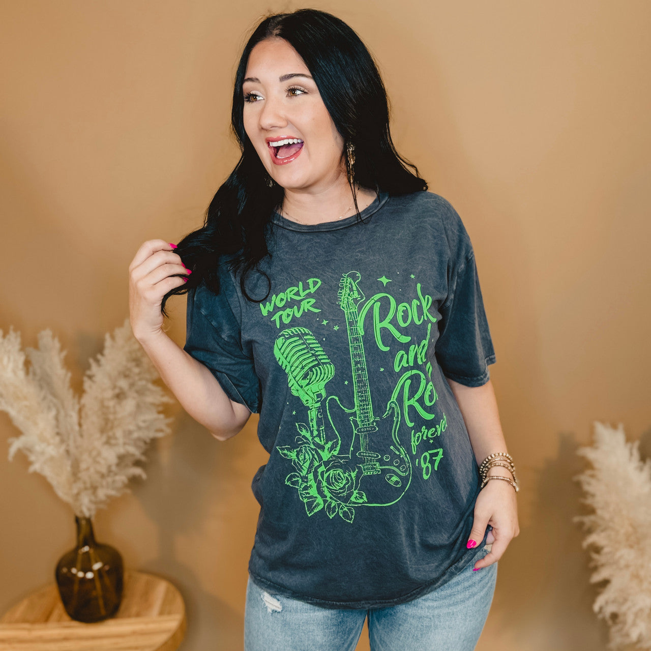 Rock N Roll Forever Oversized Tee - Mineral Charcoal - Lace and Grace Boutique