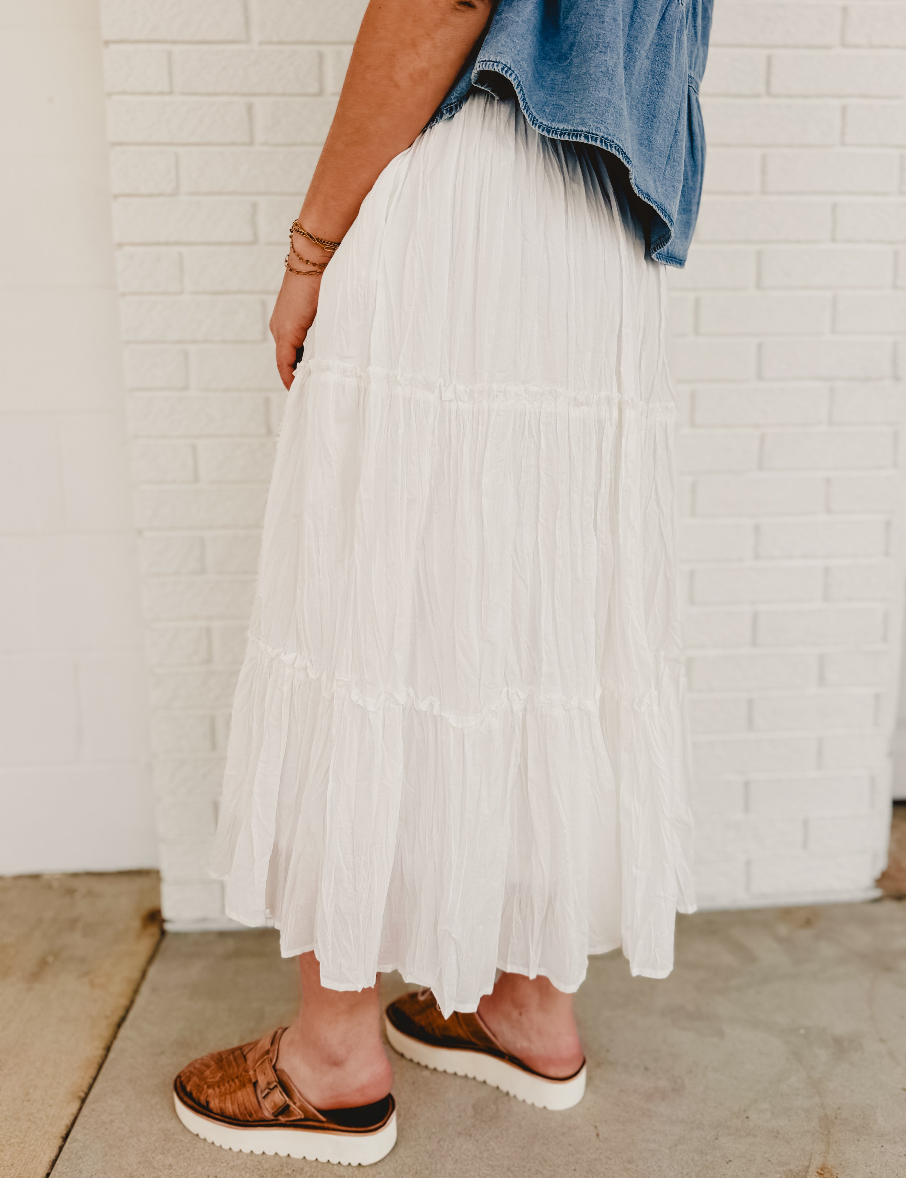 Crinkle Tiered Midi Skirt- White - Lace and Grace Boutique