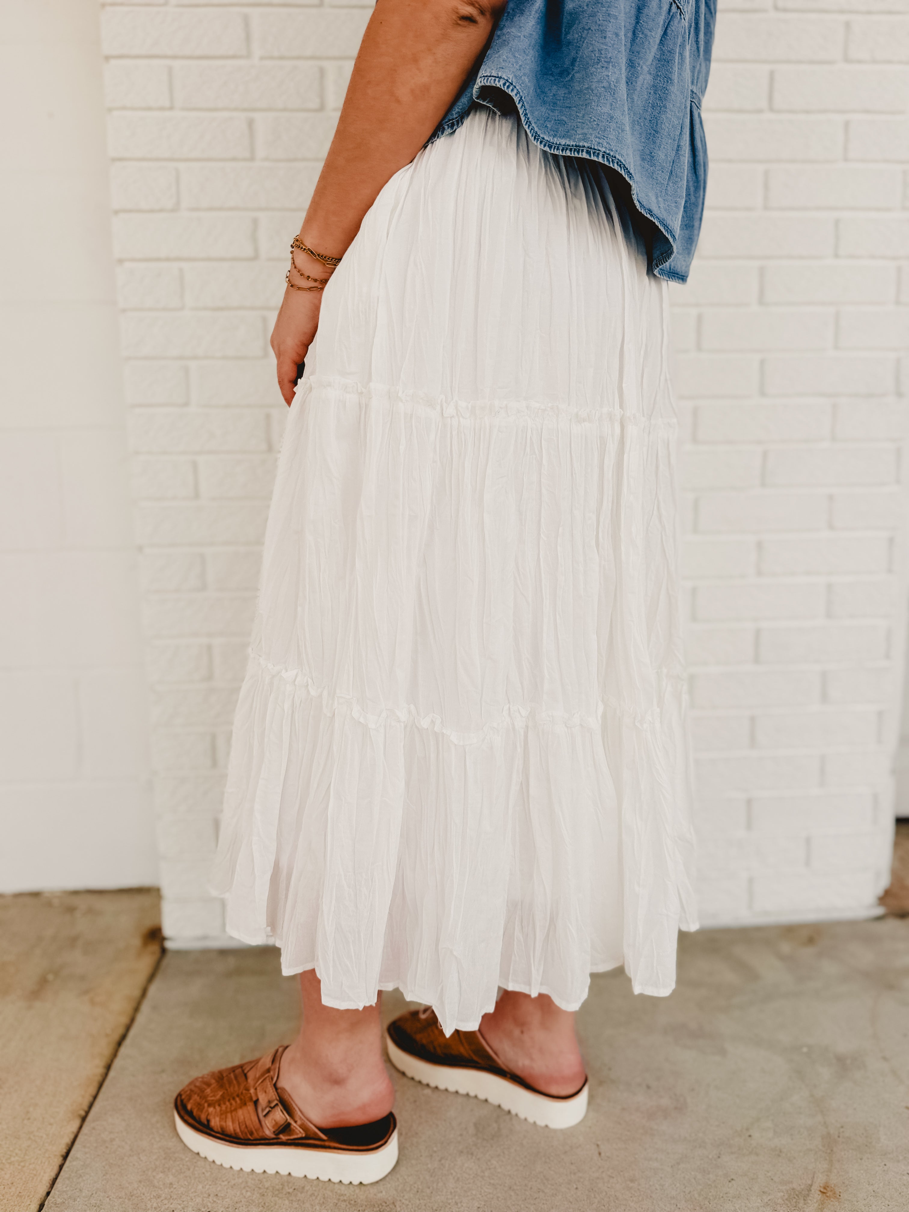 Crinkle Tiered Midi Skirt- White - Lace and Grace Boutique