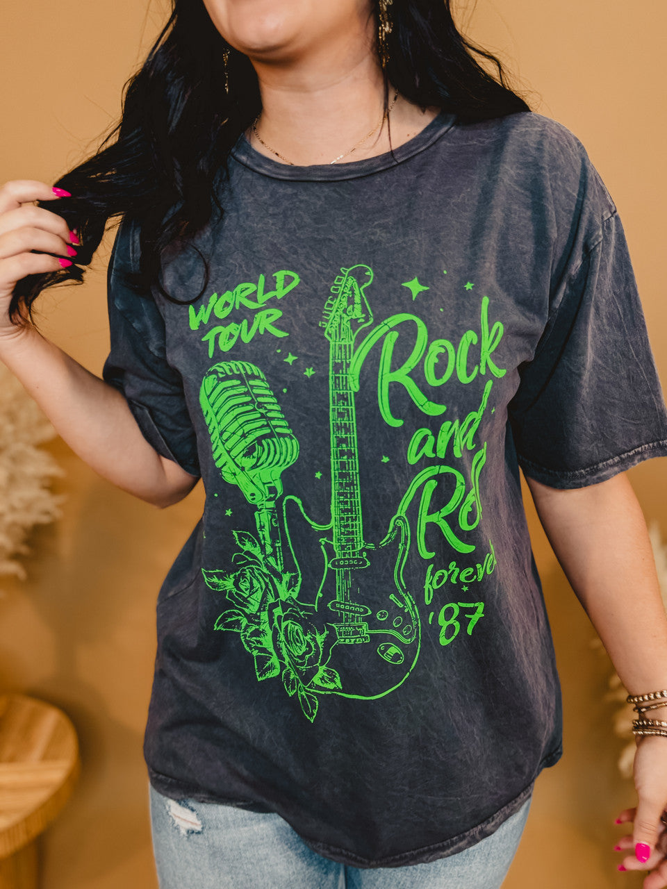 Rock N Roll Forever Oversized Tee - Mineral Charcoal - Lace and Grace Boutique