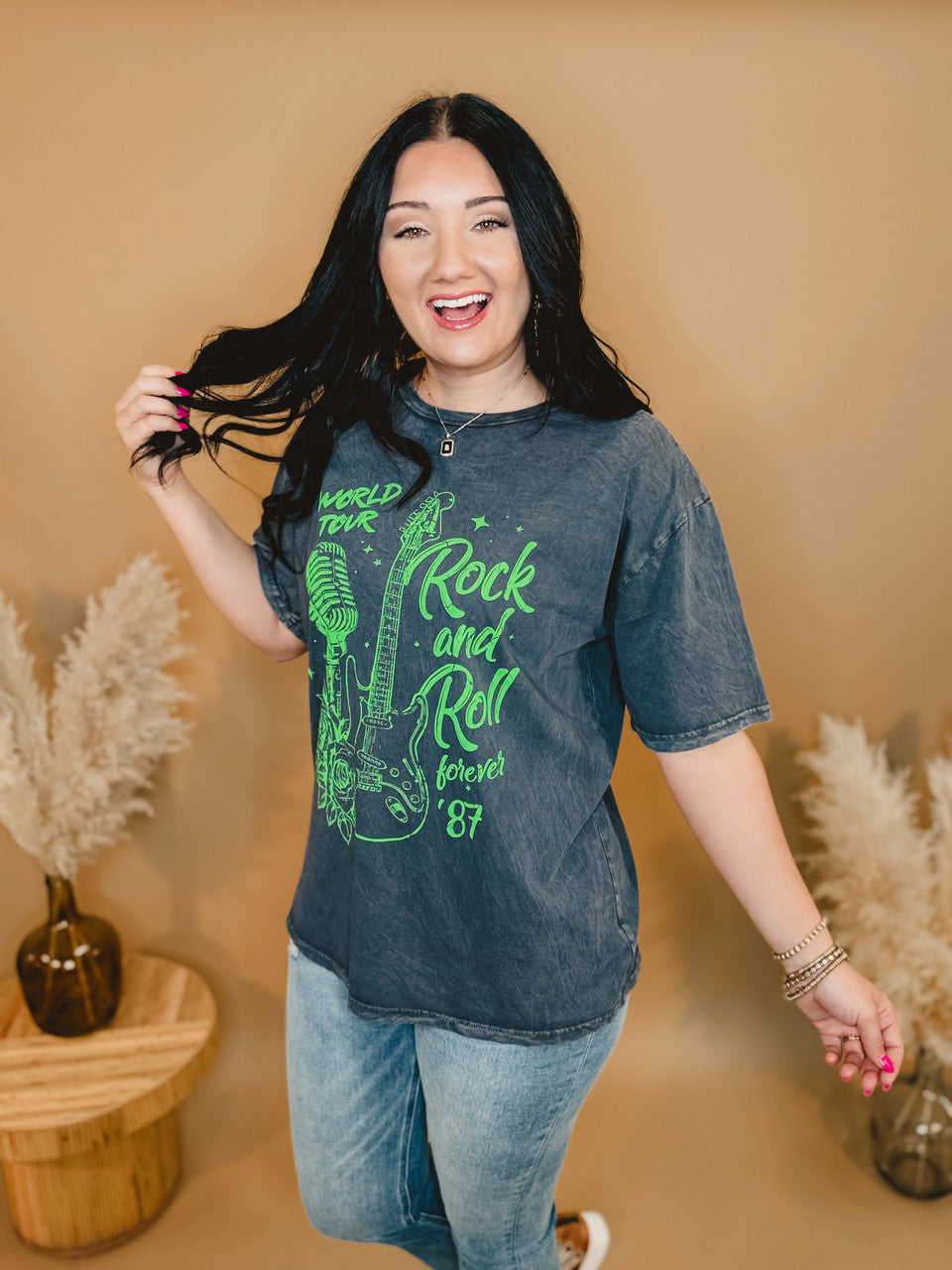 Rock N Roll Forever Oversized Tee - Mineral Charcoal - Lace and Grace Boutique