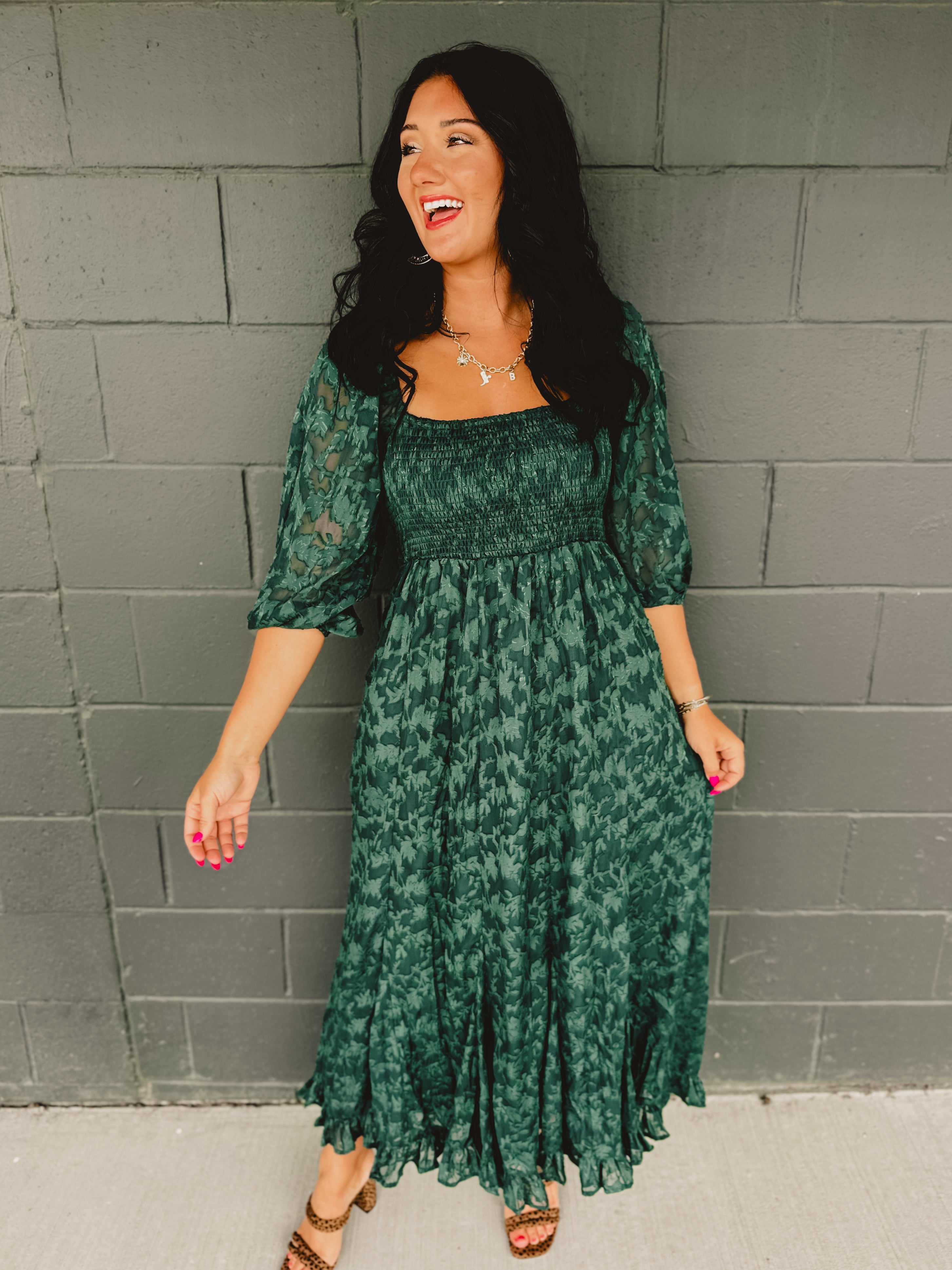 Smocked ruffled hem half sleeve square neck maxi dress.