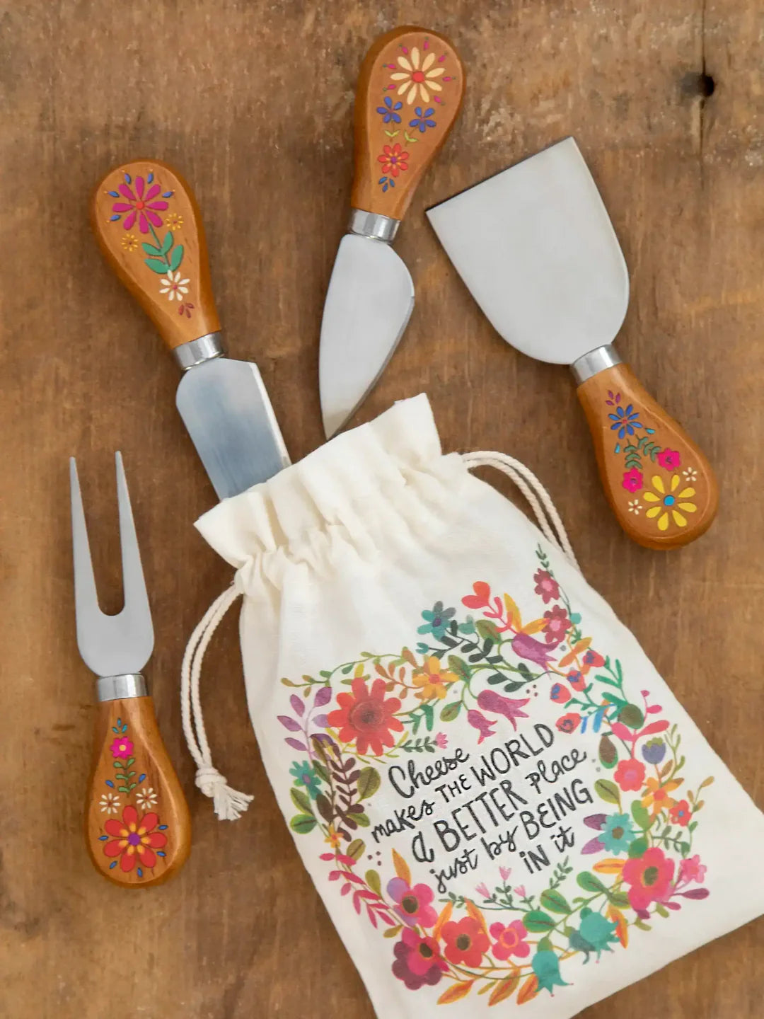 Natural Life Folk Flower Wooden Cheese Knives Set - Lace and Grace Boutique