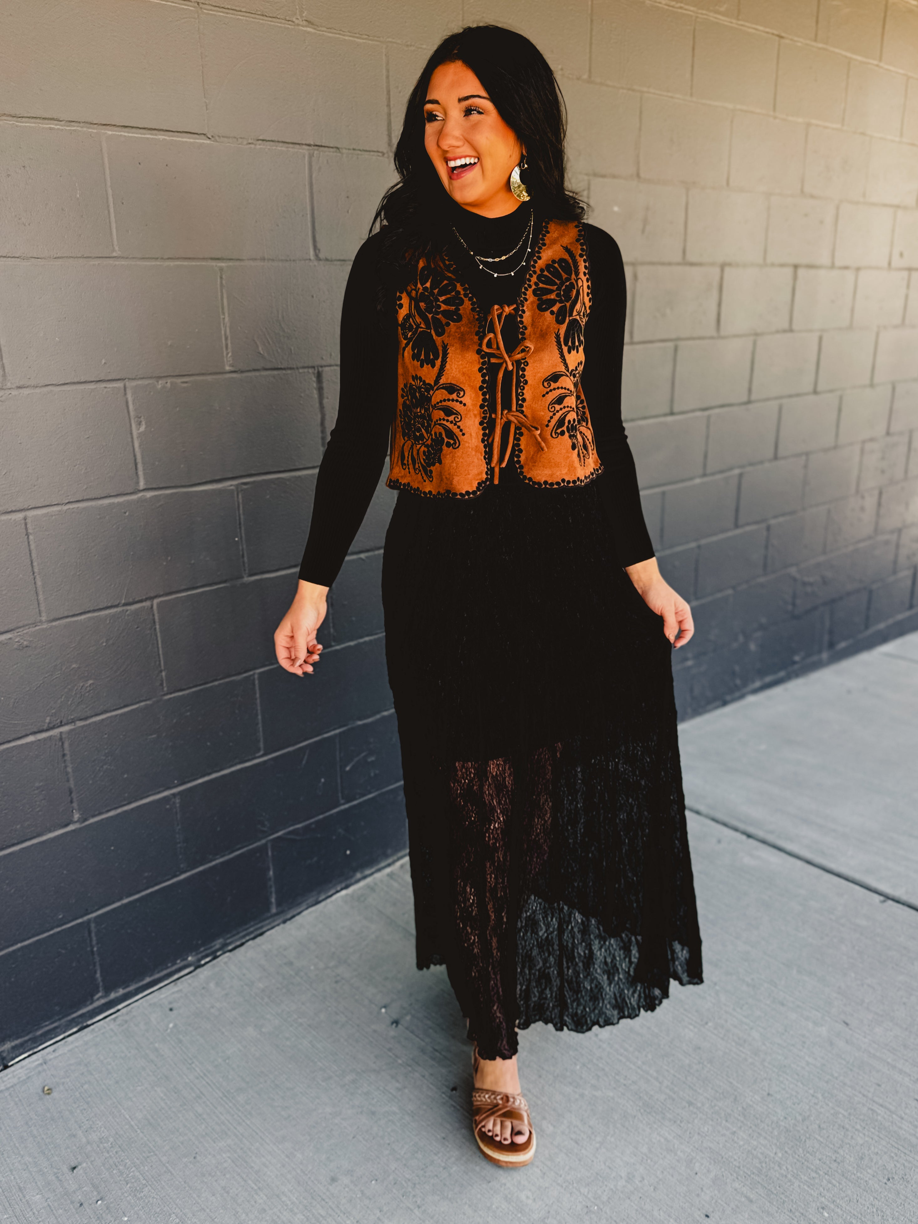 Knitted lace godet style maxi skirt in black.