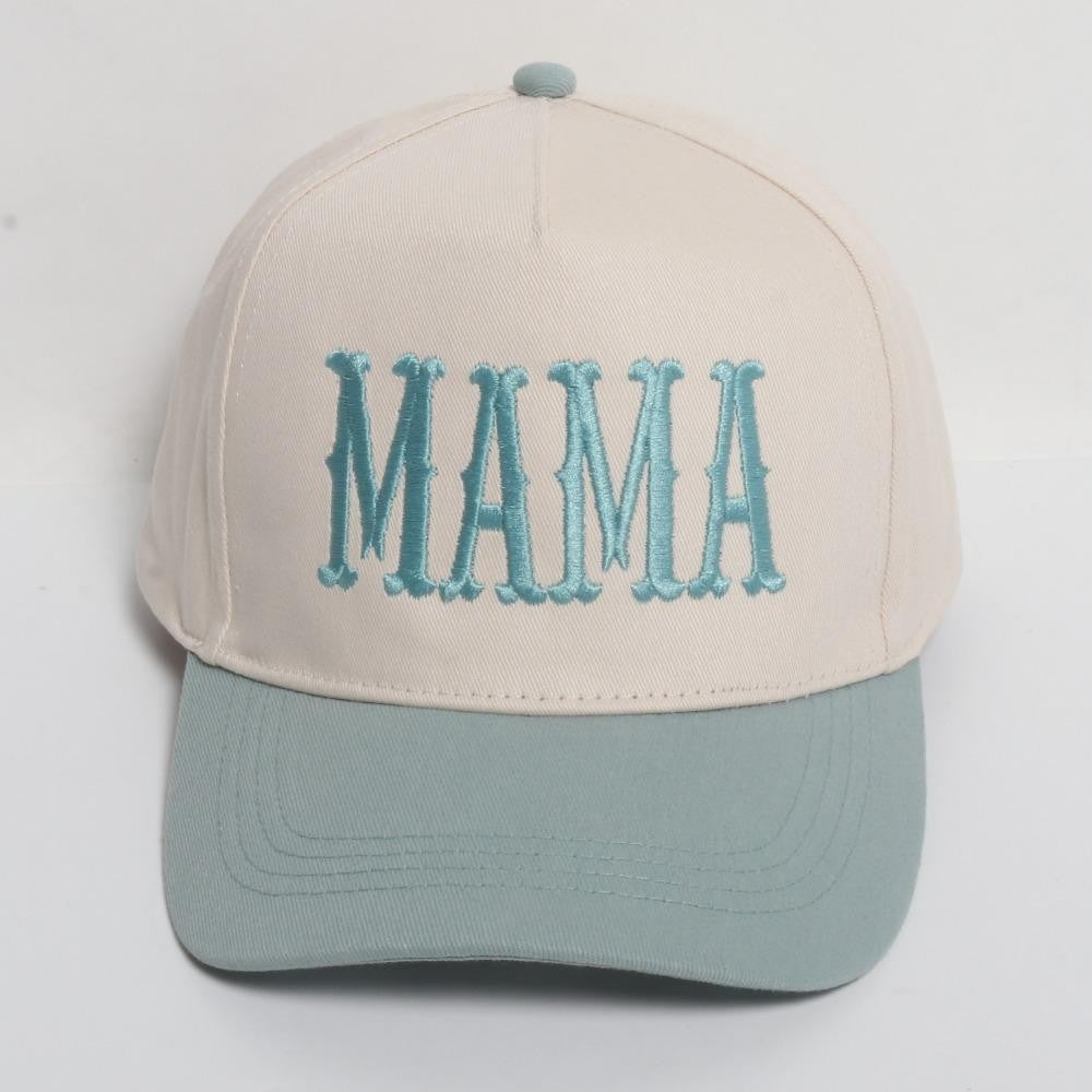 Two tone "MAMA" sage/white adjustable snap back closure one size fits most baseball cap.