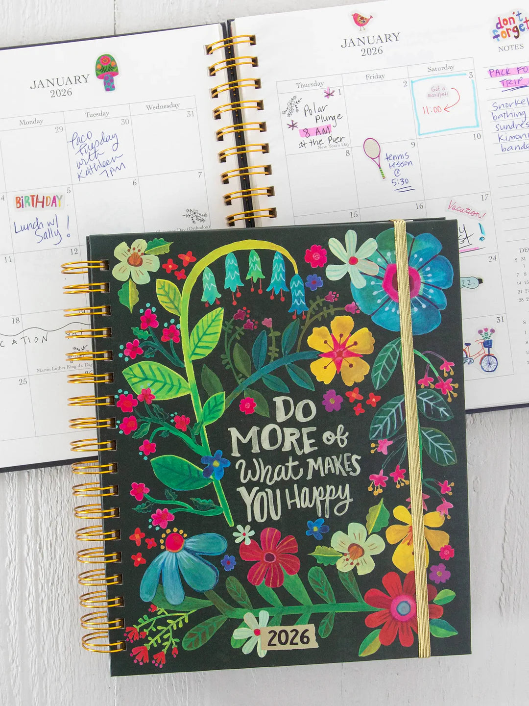Natural Life 2025-2026 17 month planner including extra pockets, holiday and goal sections, stickers, and exterior artwork.