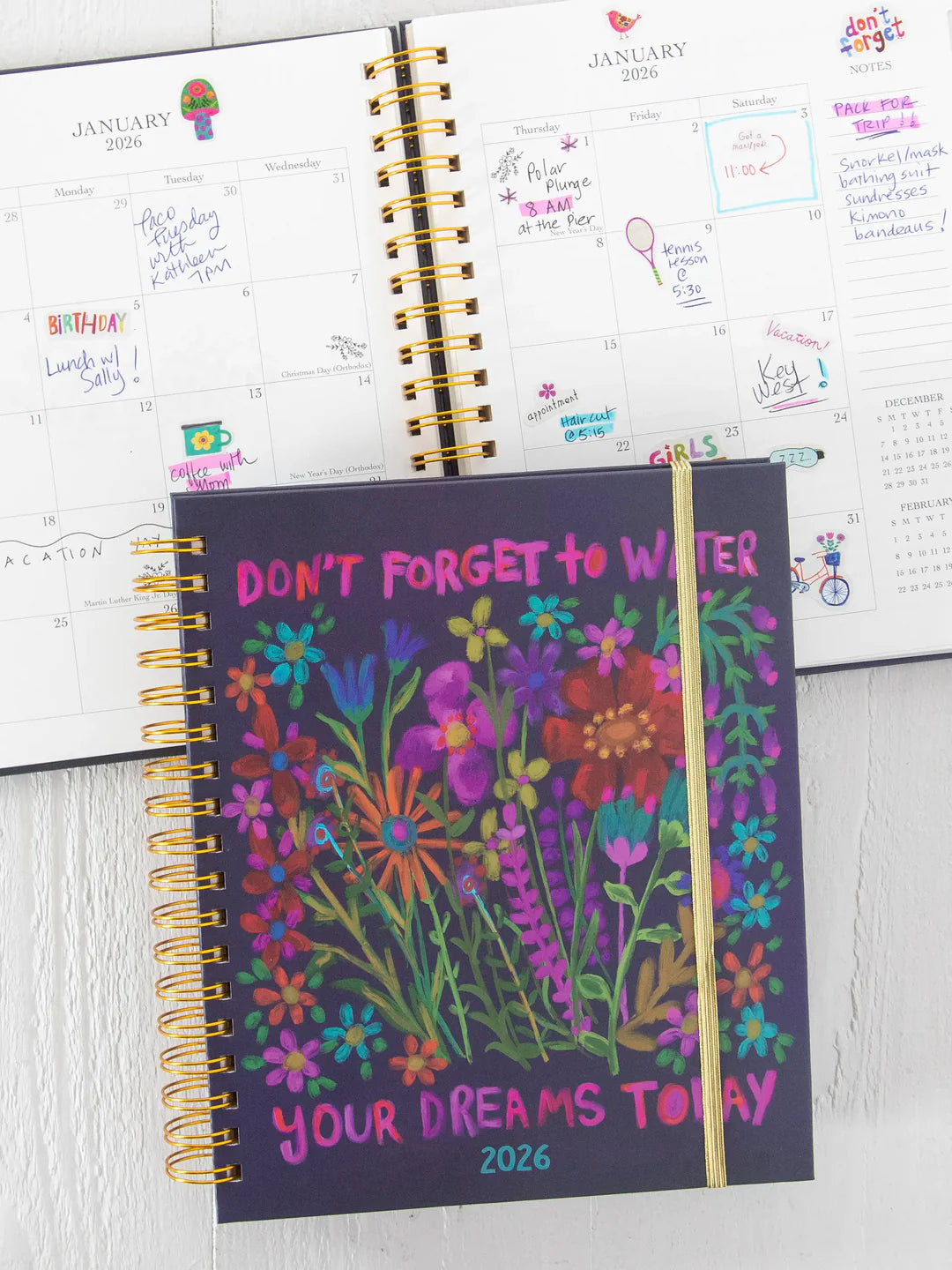 August 2025 - December 2026 17 month planner by Natural Life featuring holiday and goals pages, stickers, extra pockets, and more.