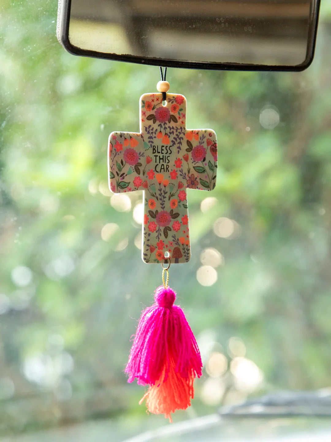 Natural life cross shaped car air freshener with a lavender scent and double-sided artwork.