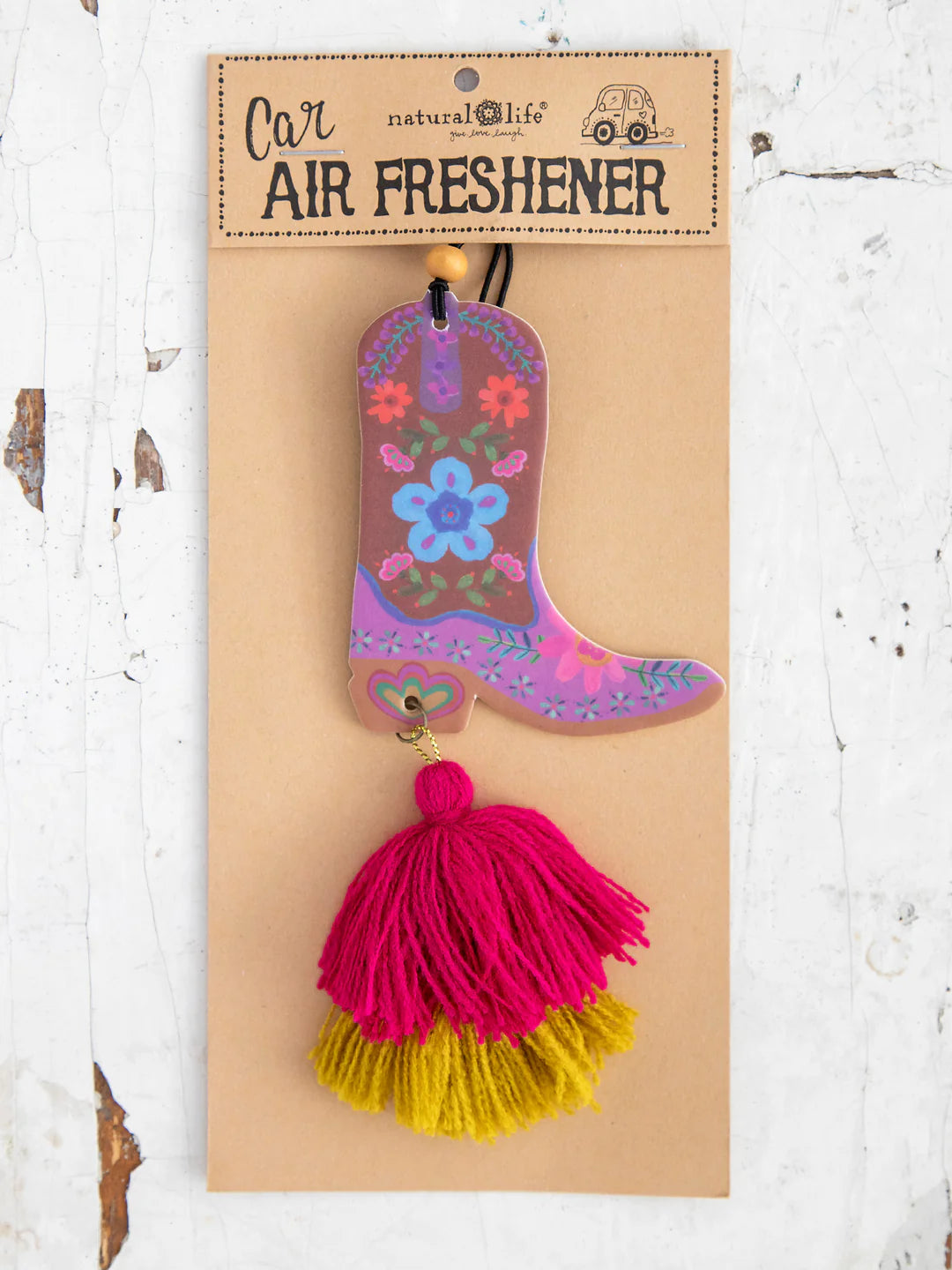 Natural Life boot and tassel car air freshener in strawberry scent.