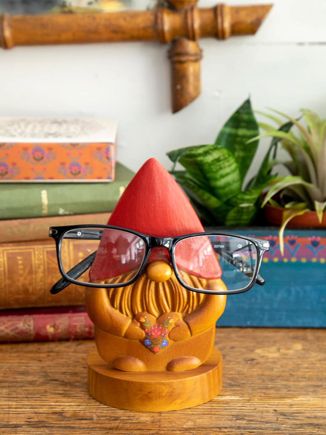 Natural Life hand carved wooden gnome eyeglass holder.