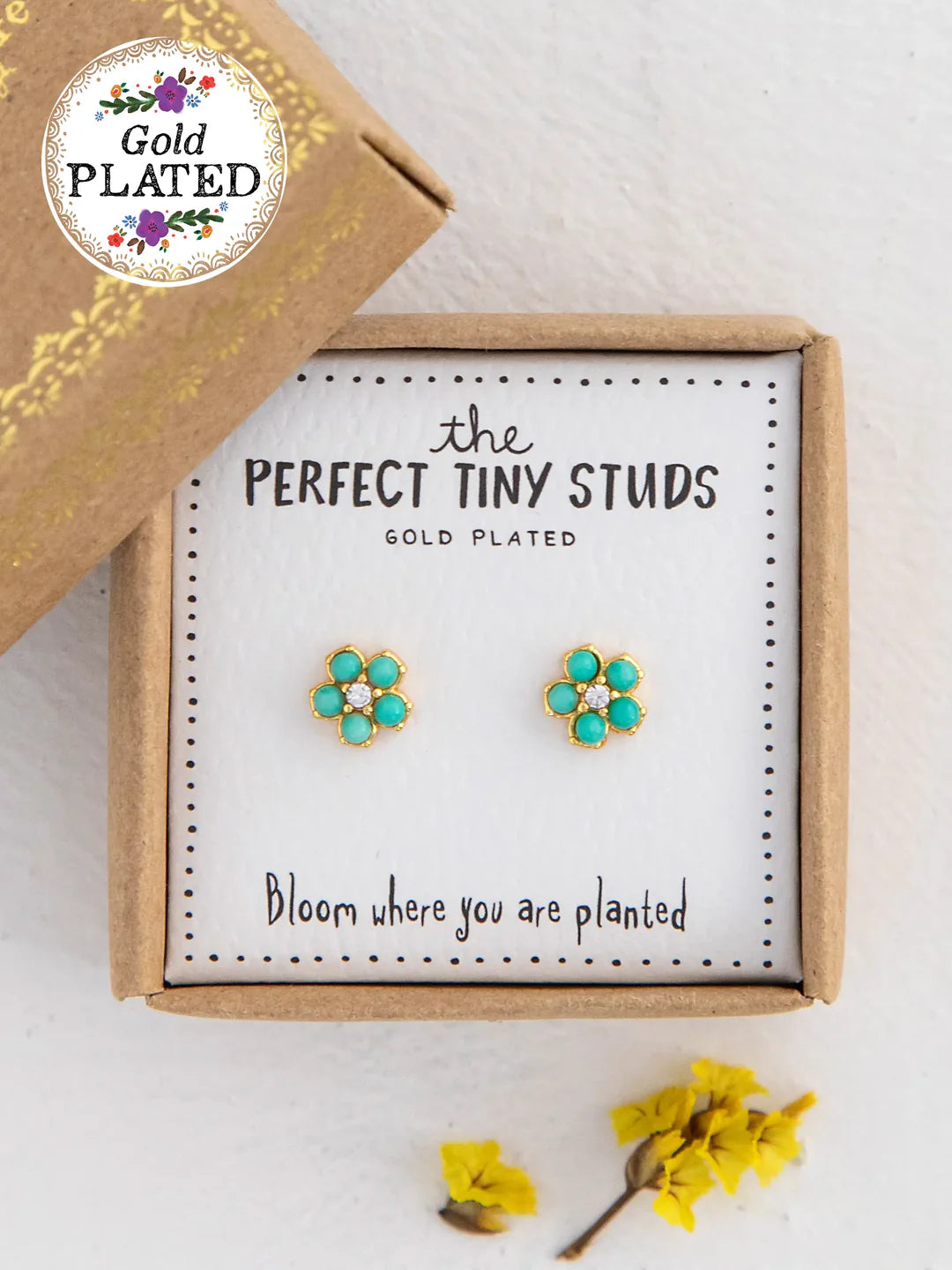 Gold plated turquoise daisy stud earrings by Natural Life.