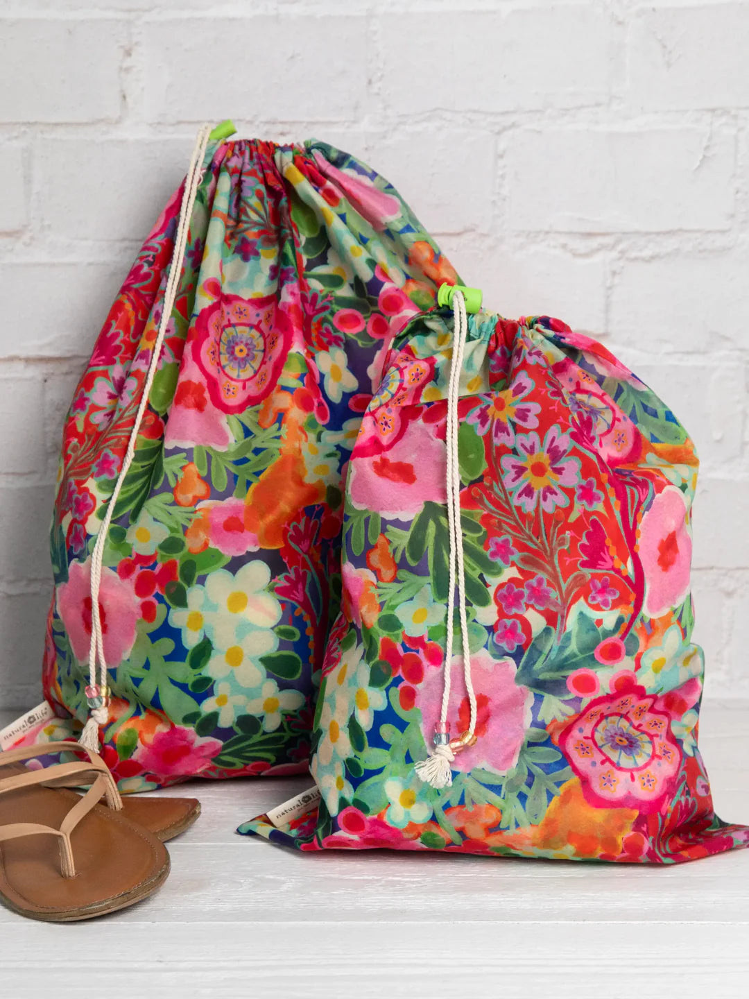 1 large, 1 small travel floral printed laundry bags with drawstring closure by Natural Life.