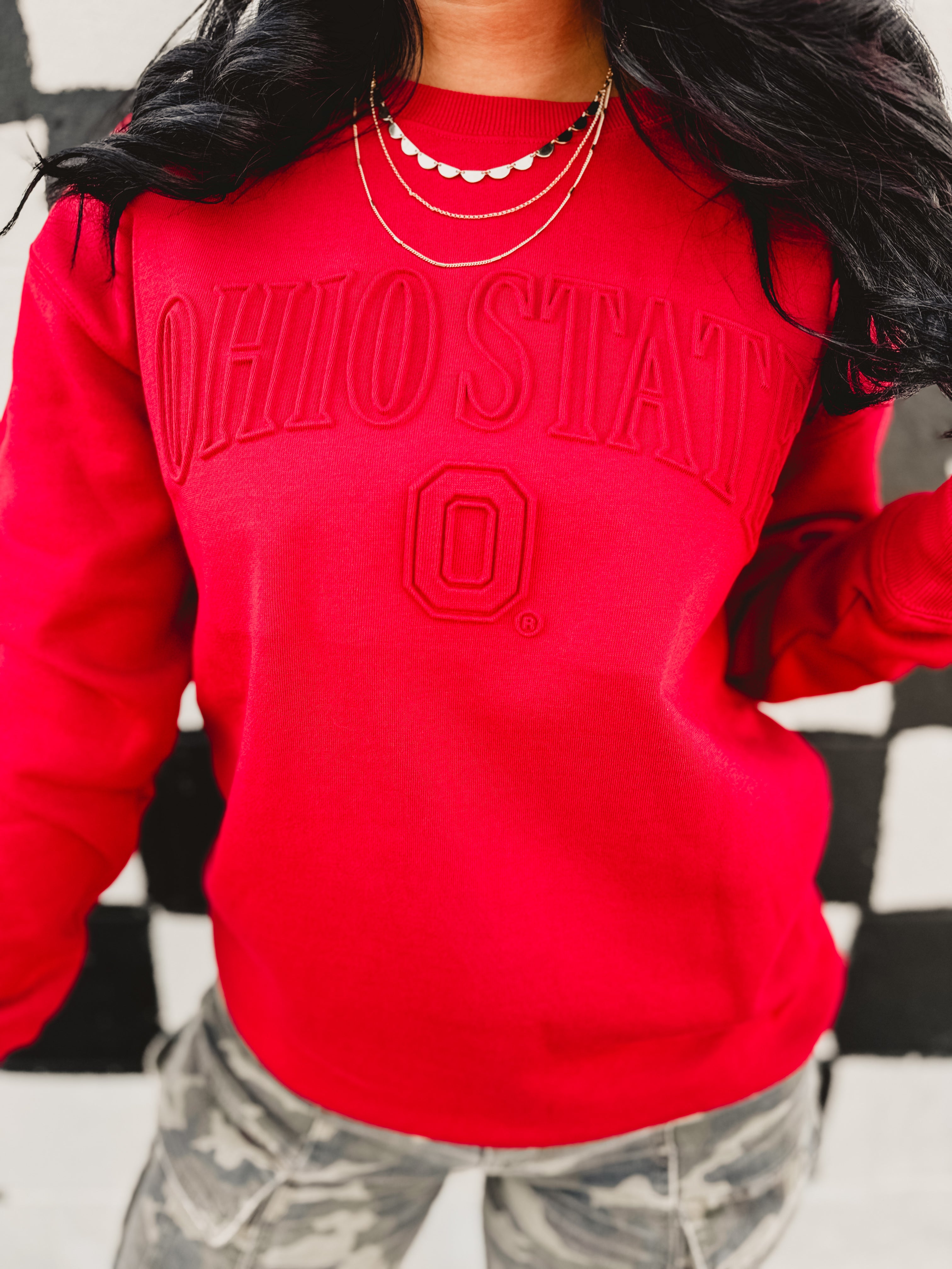 Ohio State embossed red crewneck sweatshirt.