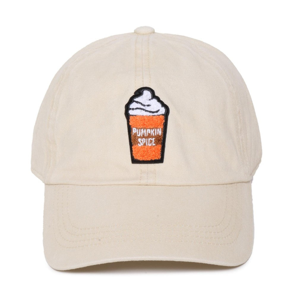 Chenille patch pumpkin spice baseball cap in beige.