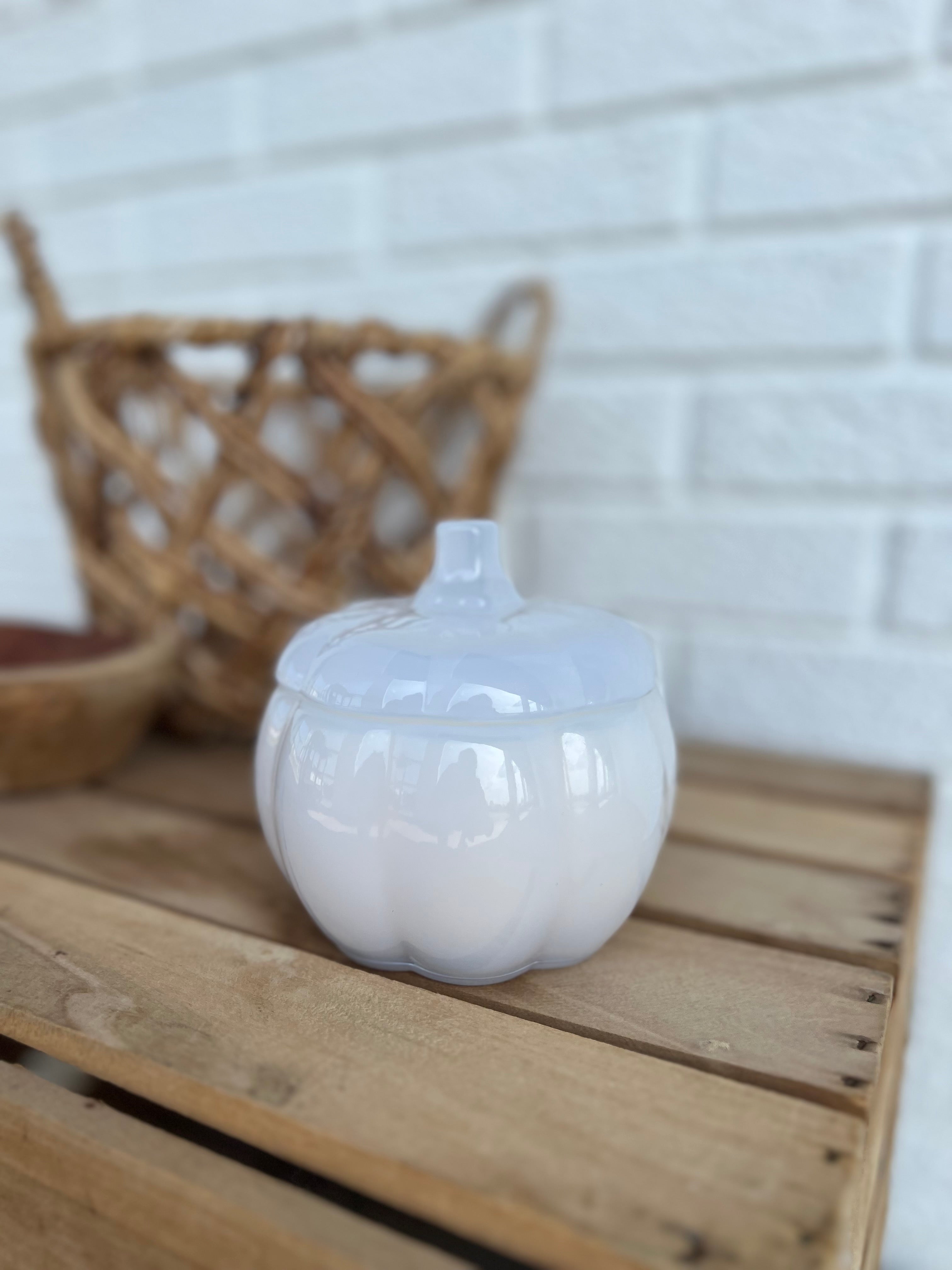 Simply Modern white glass pumpkin shaped candle in the scent Pumpkin Pecan Waffles.