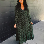 Floral printed long sleeve v-neck maxi dress in forest green.