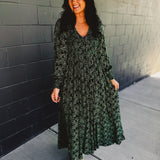 Floral printed long sleeve v-neck maxi dress in forest green.