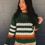 Striped detail crochet knit crewneck sweater in the color hunter green.