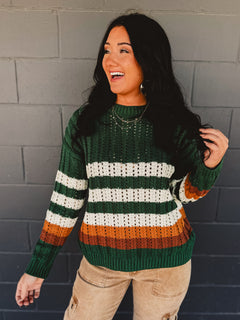 Striped detail crochet knit crewneck sweater in the color hunter green.