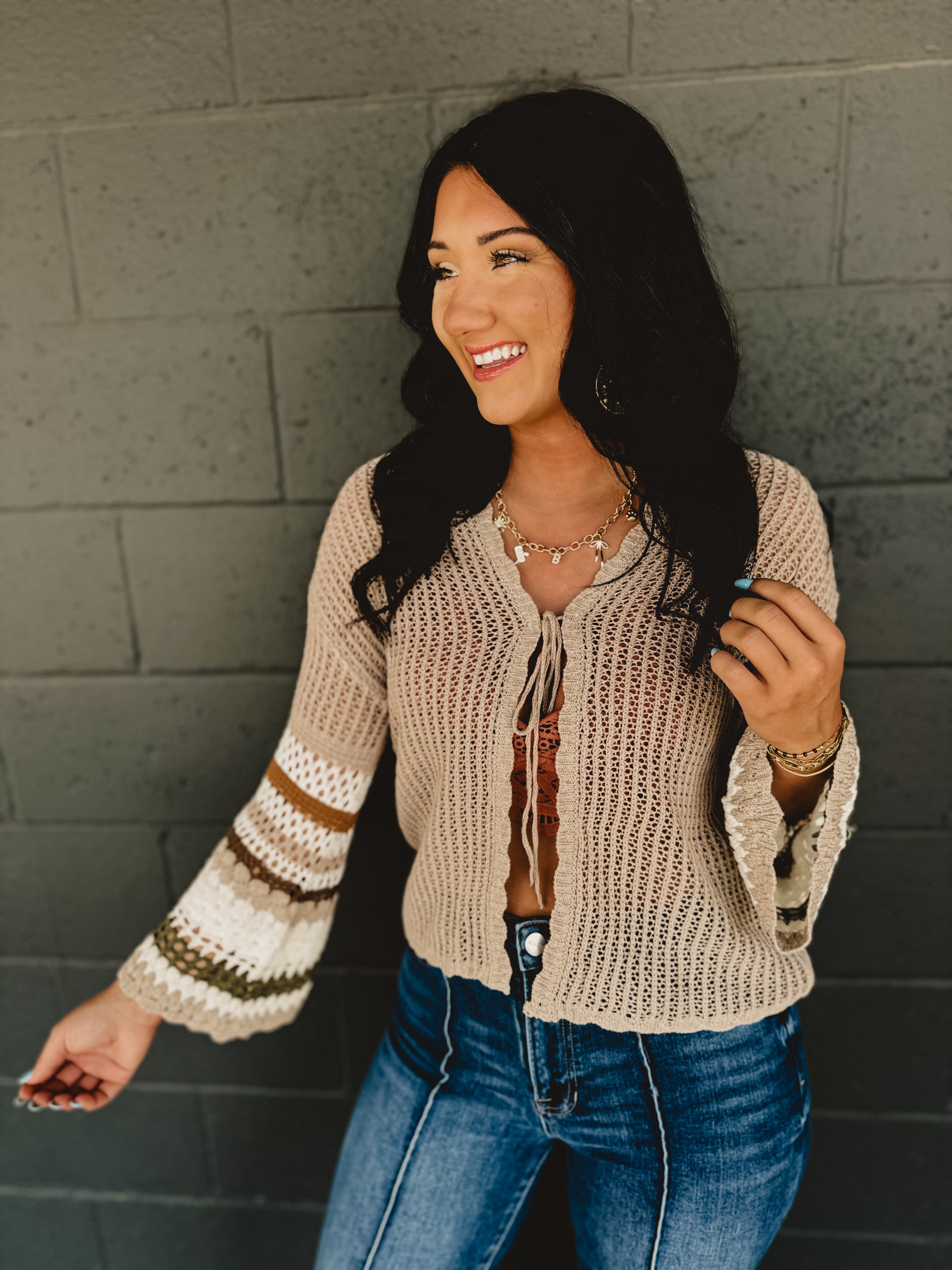 Scalloped edge striped bell sleeve crochet cardigan in mocha/olive.