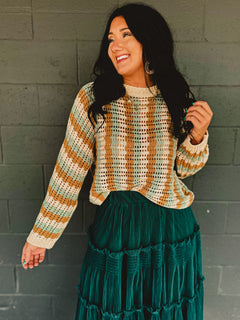 Striped textured crochet knit sweater top in camel/blue.