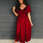 Empire waist washed satin maxi dress with short sleeves and waist lace detail.