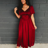 Empire waist washed satin maxi dress with short sleeves and waist lace detail.