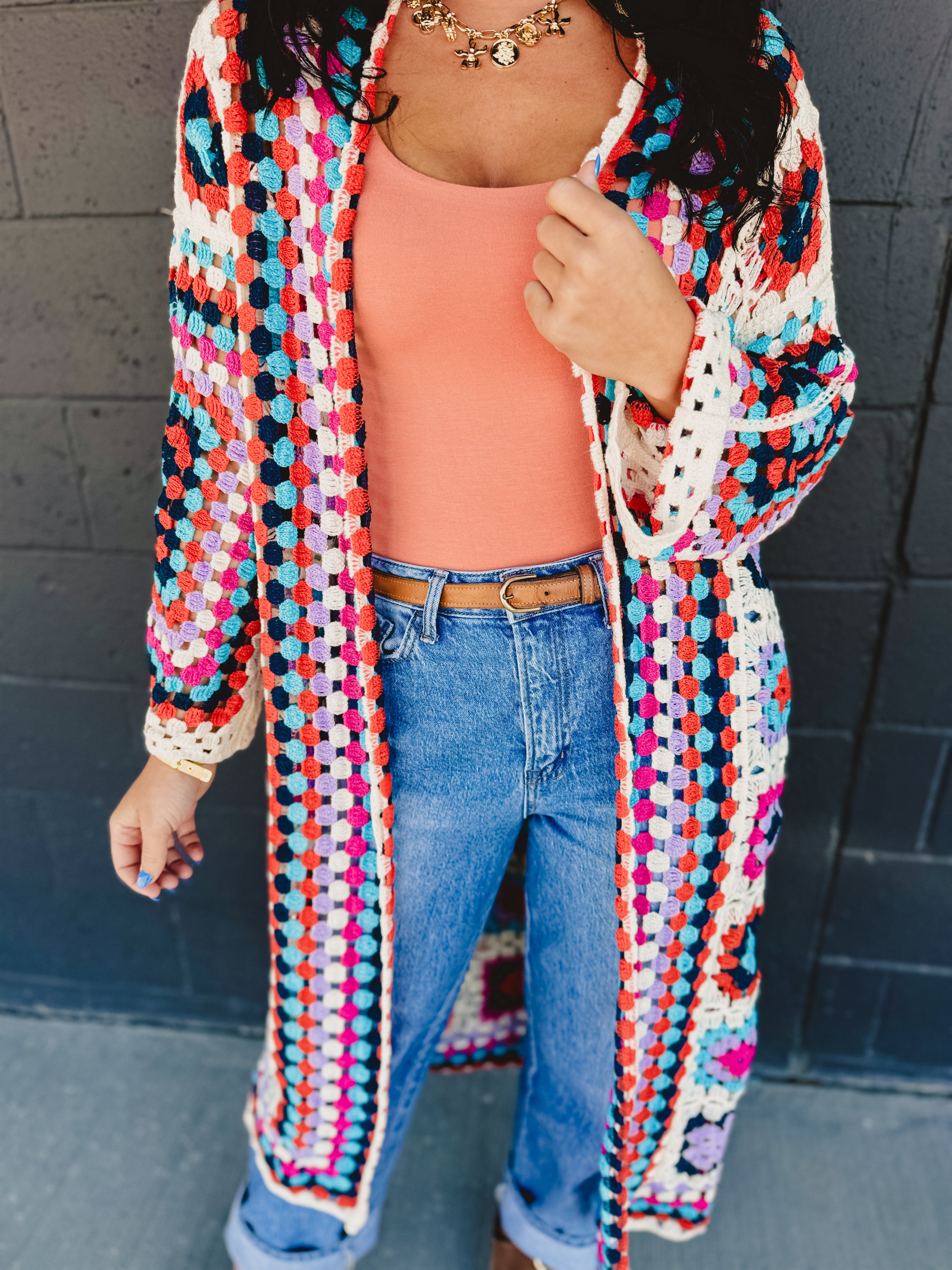 POL Granny Square Crochet Cardigan - Beige Multi - Lace and Grace Boutique