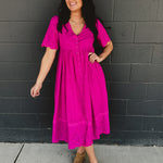 Cotton Eyelet Button Down Midi Dress - Electric Fuschia - Lace and Grace Boutique