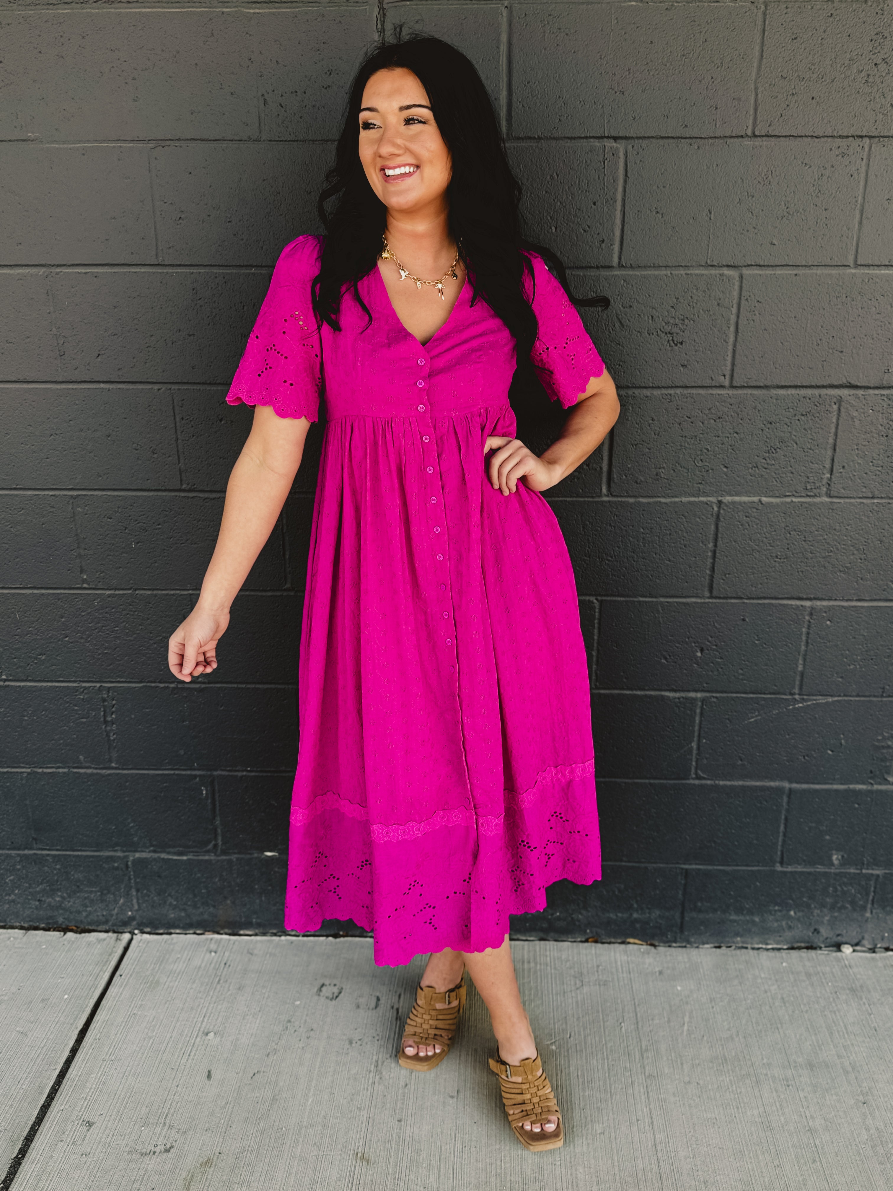 Cotton Eyelet Button Down Midi Dress - Electric Fuschia - Lace and Grace Boutique
