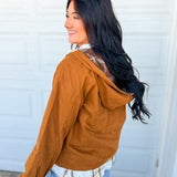 Washed Twill Half Zip Hooded Jacket - Camel