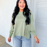 Striped Ribbed Contrast Pullover - Dusted Olive