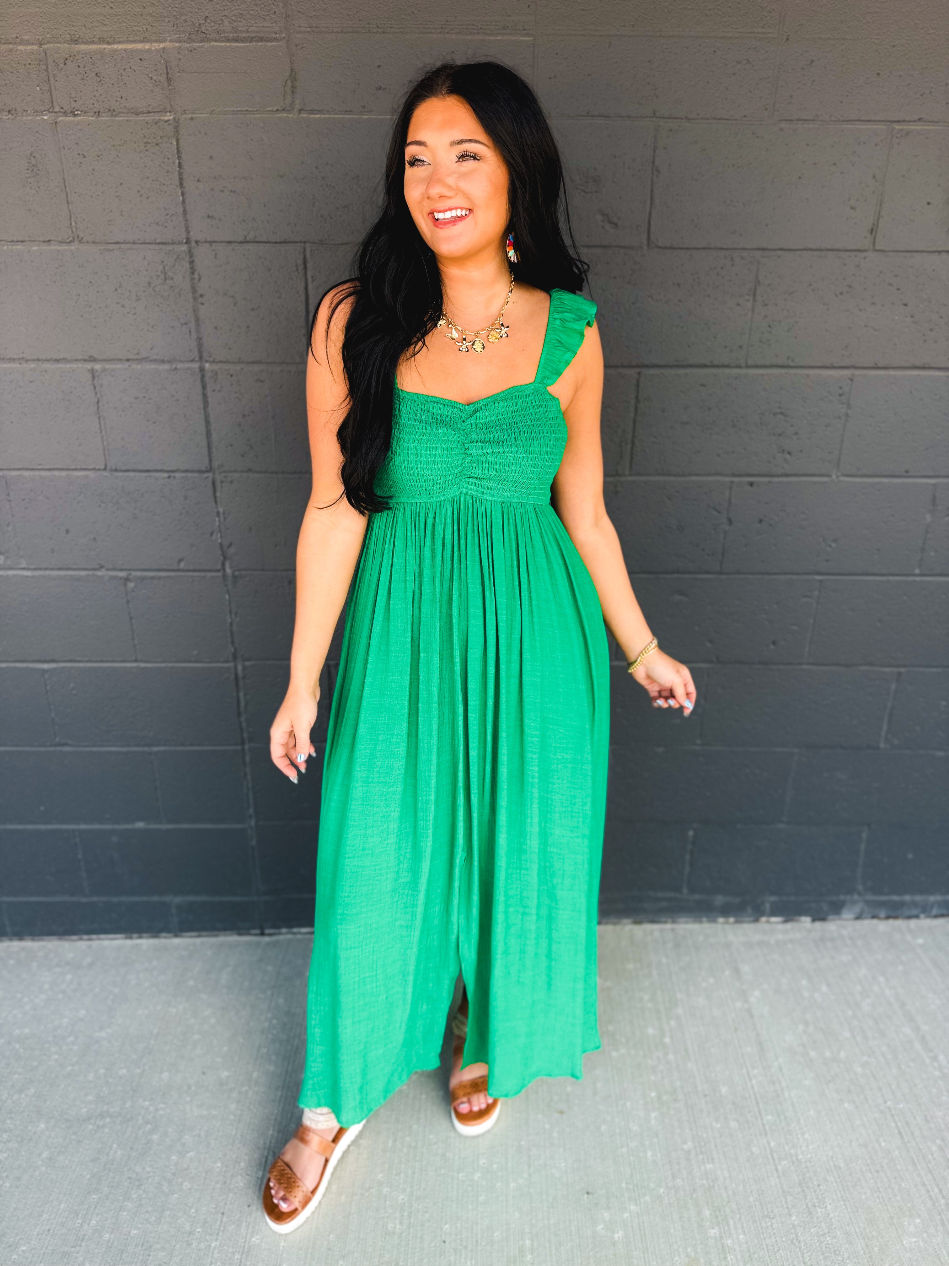 Ruffle Sleeve Front Slit Maxi Dress - Green - Lace and Grace Boutique