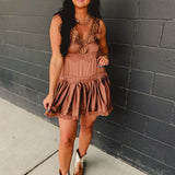 Satin Slip Lace Trim Babydoll Mini Dress - Mocha