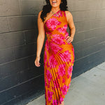 One Shoulder Asymmetrical Pleated Maxi Dress - Hibiscus Mango - Lace and Grace Boutique