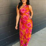 One Shoulder Asymmetrical Pleated Maxi Dress - Hibiscus Mango - Lace and Grace Boutique