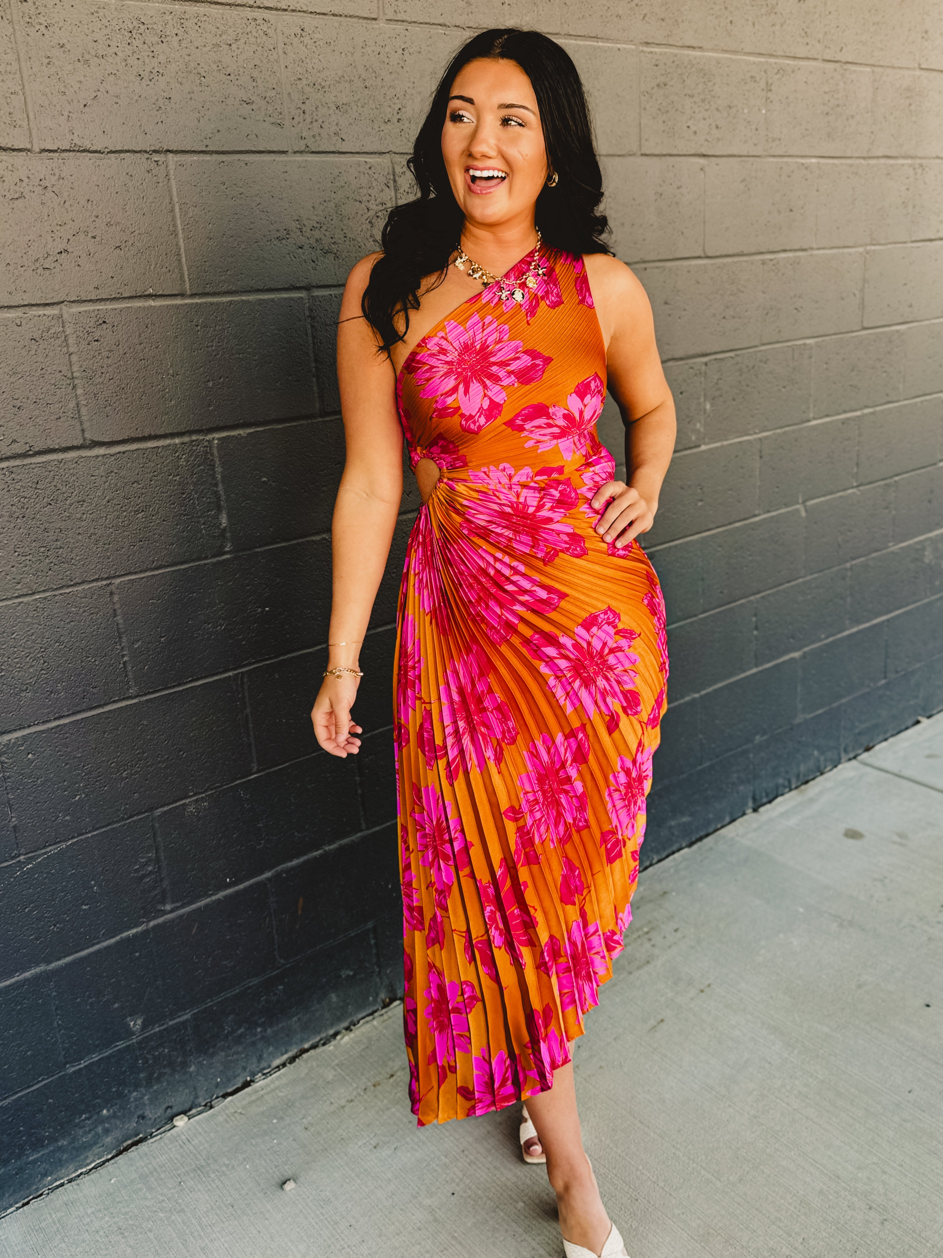 One Shoulder Asymmetrical Pleated Maxi Dress