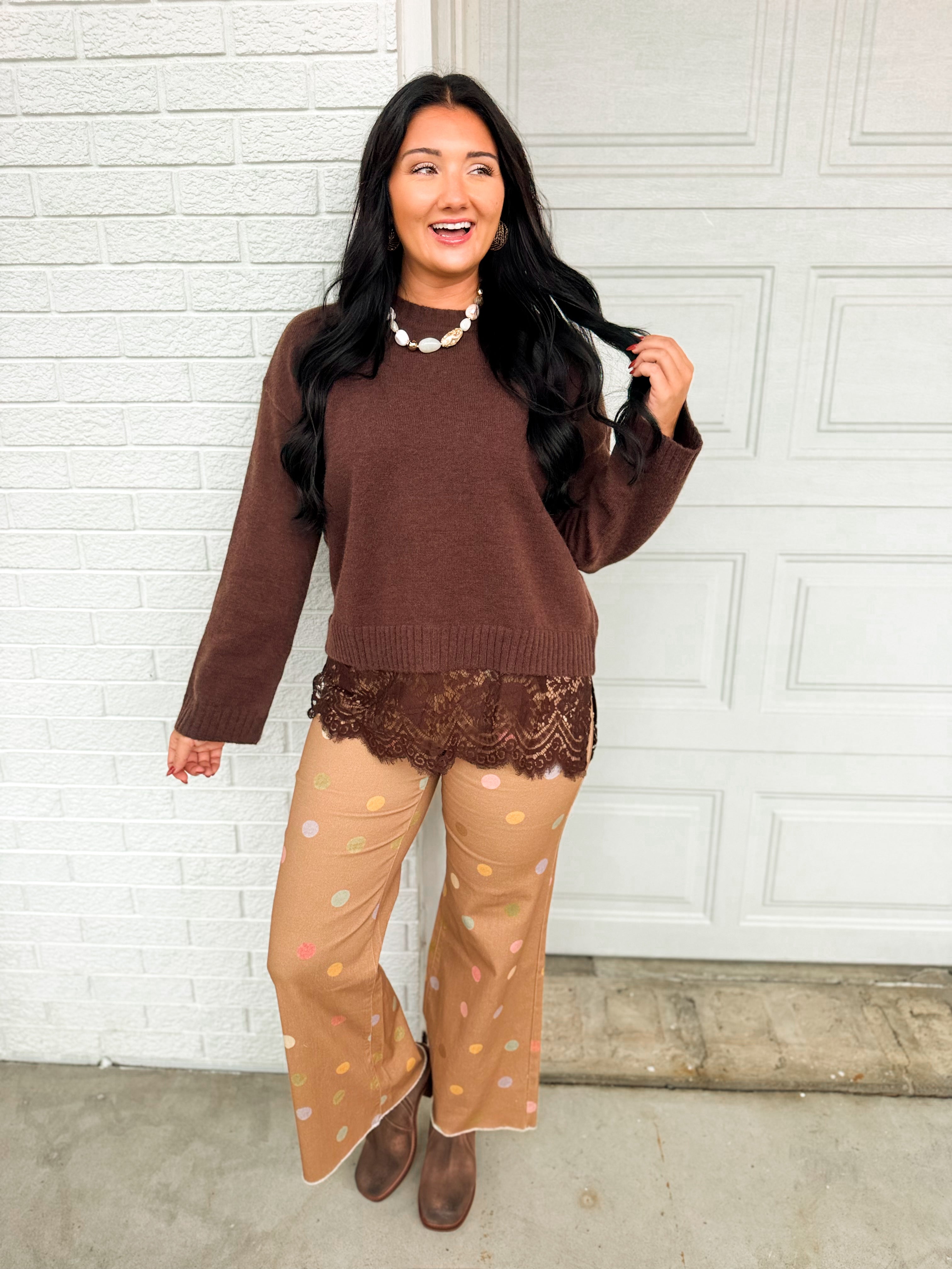 Pastel Polka Dot Cropped Wide Leg Jean - Mocha Multi - Lace and Grace Boutique