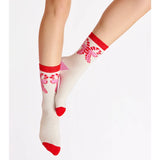 Candy Cane Bow Cozy Socks - Ivory